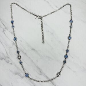 Chico's Blue Rhinestone Round Station Silver Tone Necklace Long ✨